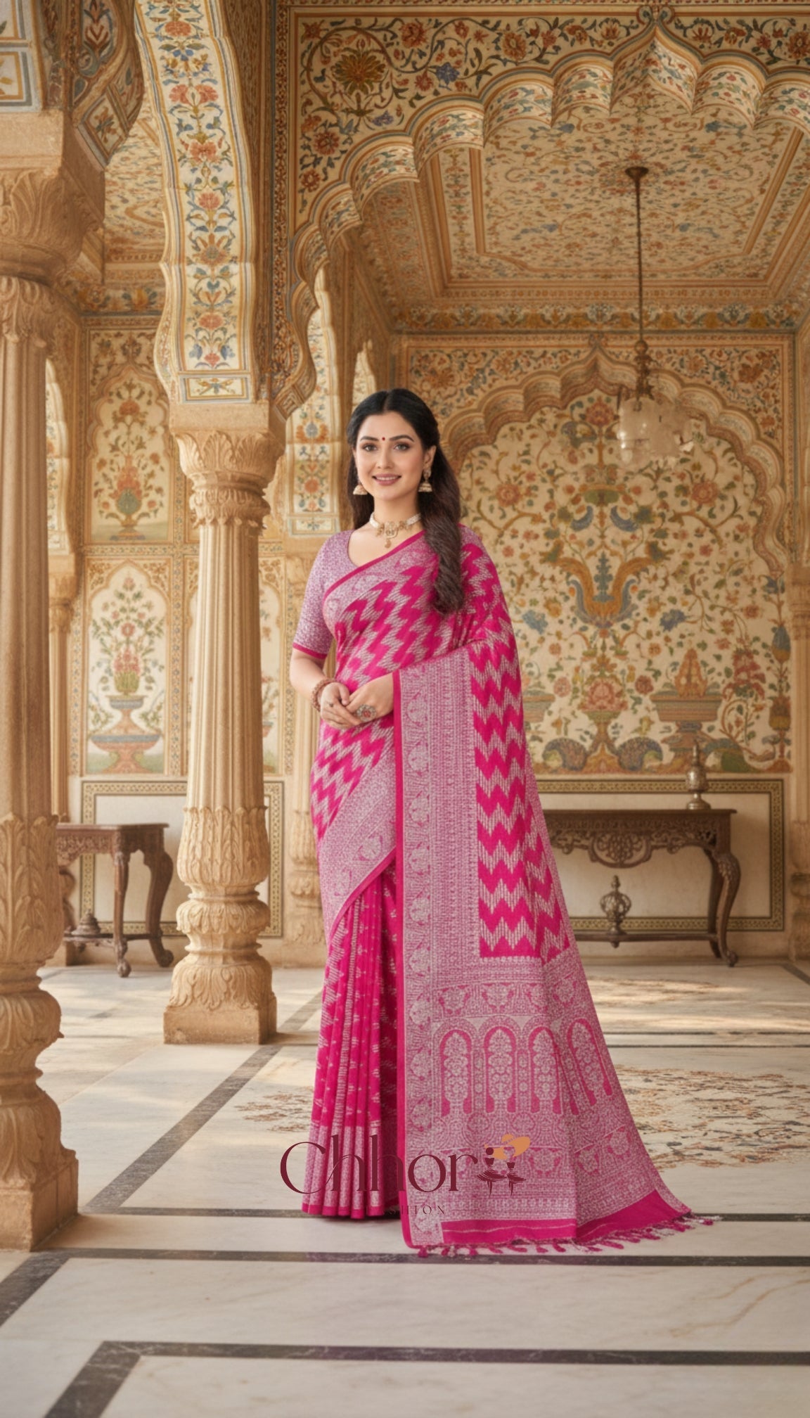 The Pink Leriya Saree: Handloom Chevron Elegance