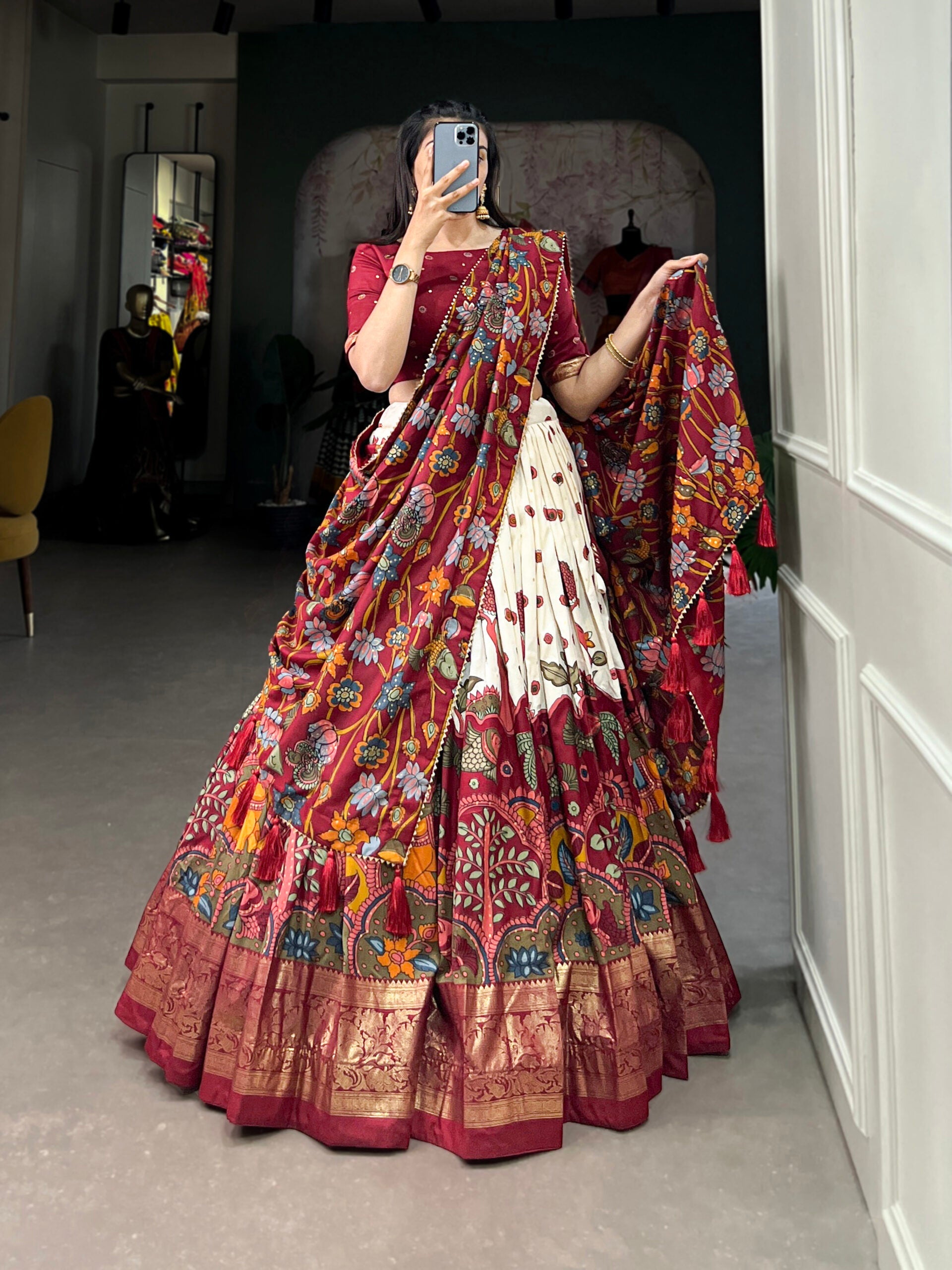 Tussar Silk Kalamkari Lehenga Choli