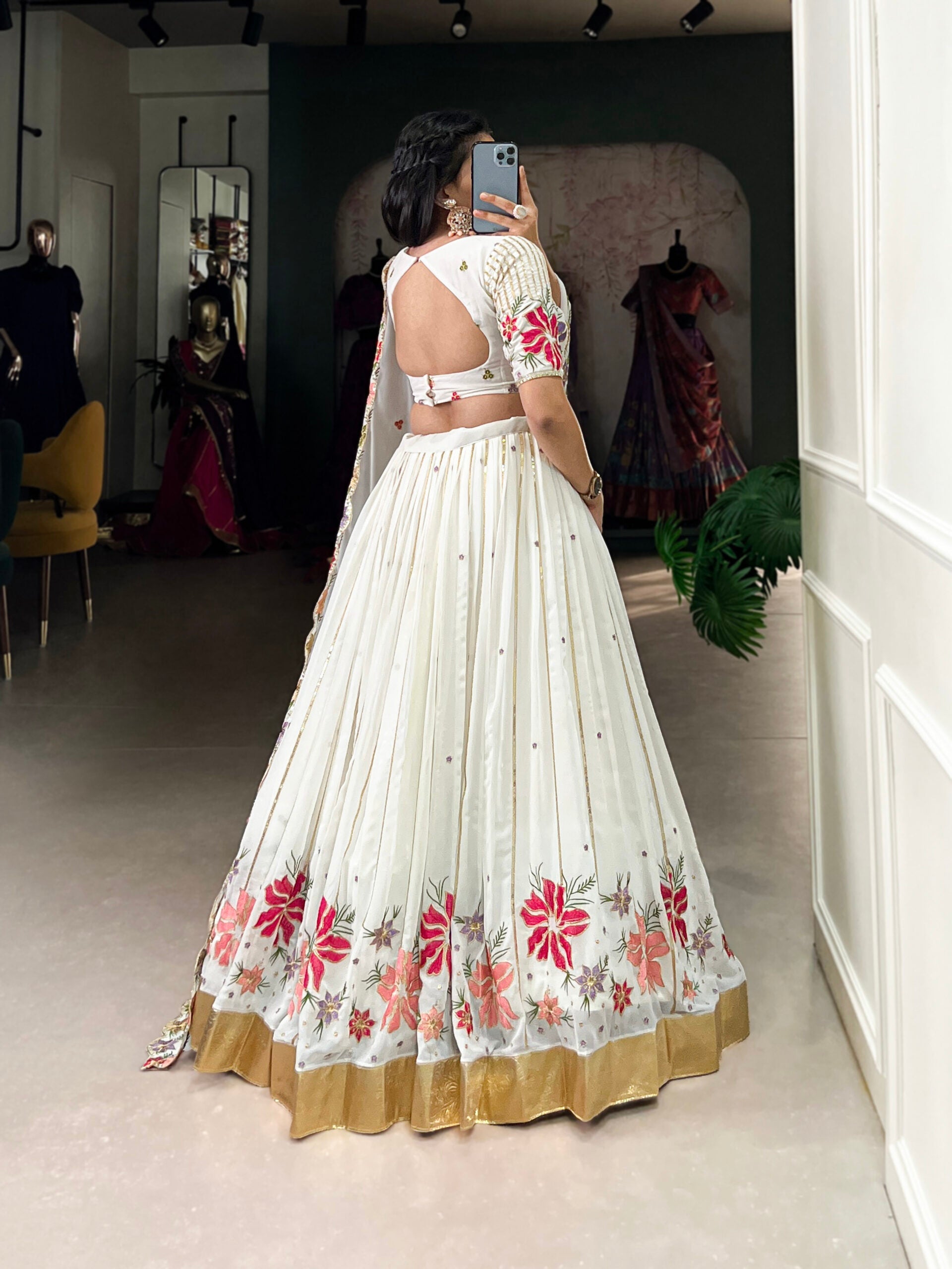 White Georgette Lehenga with Embroidery