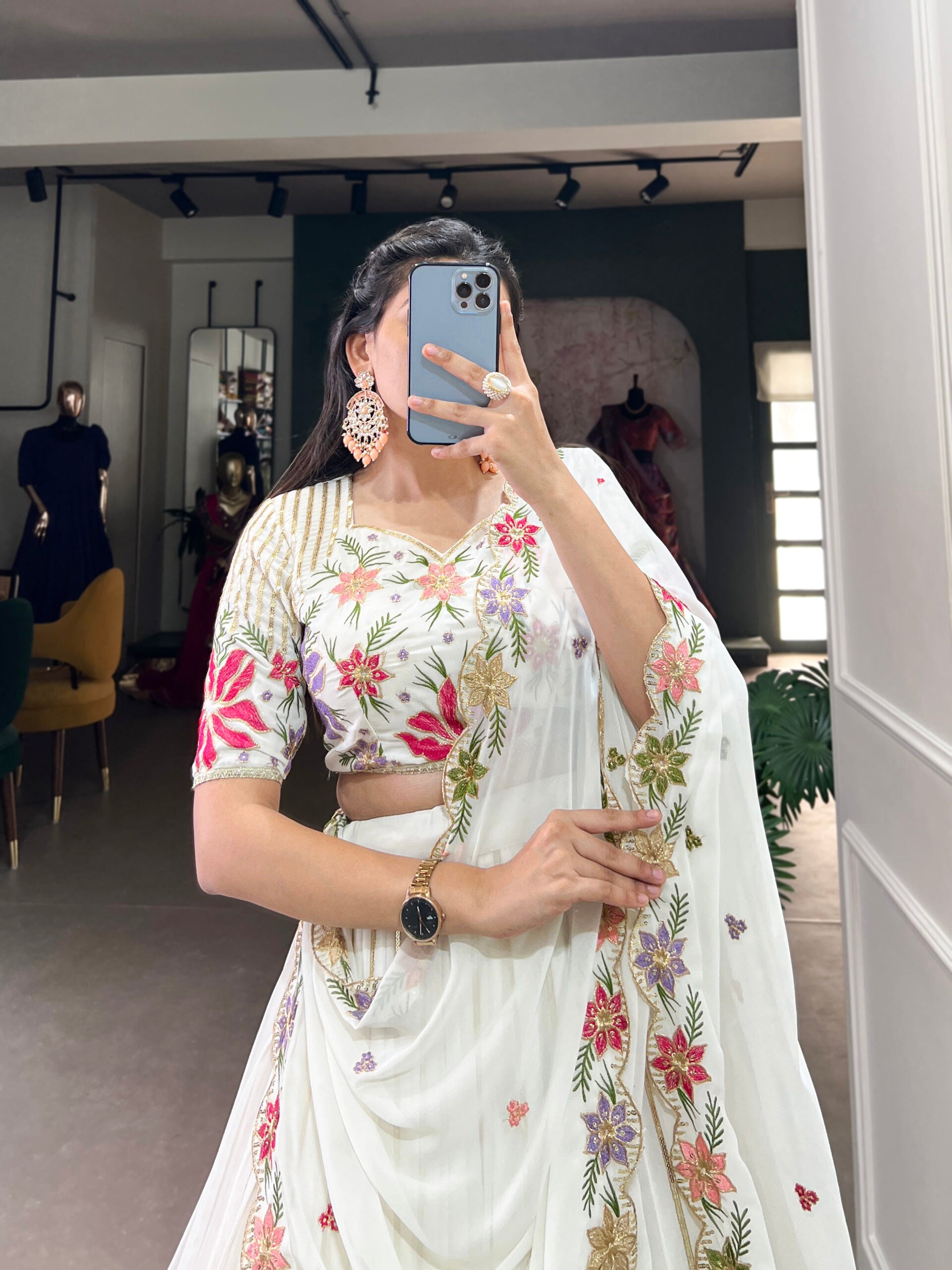 White Georgette Lehenga with Embroidery