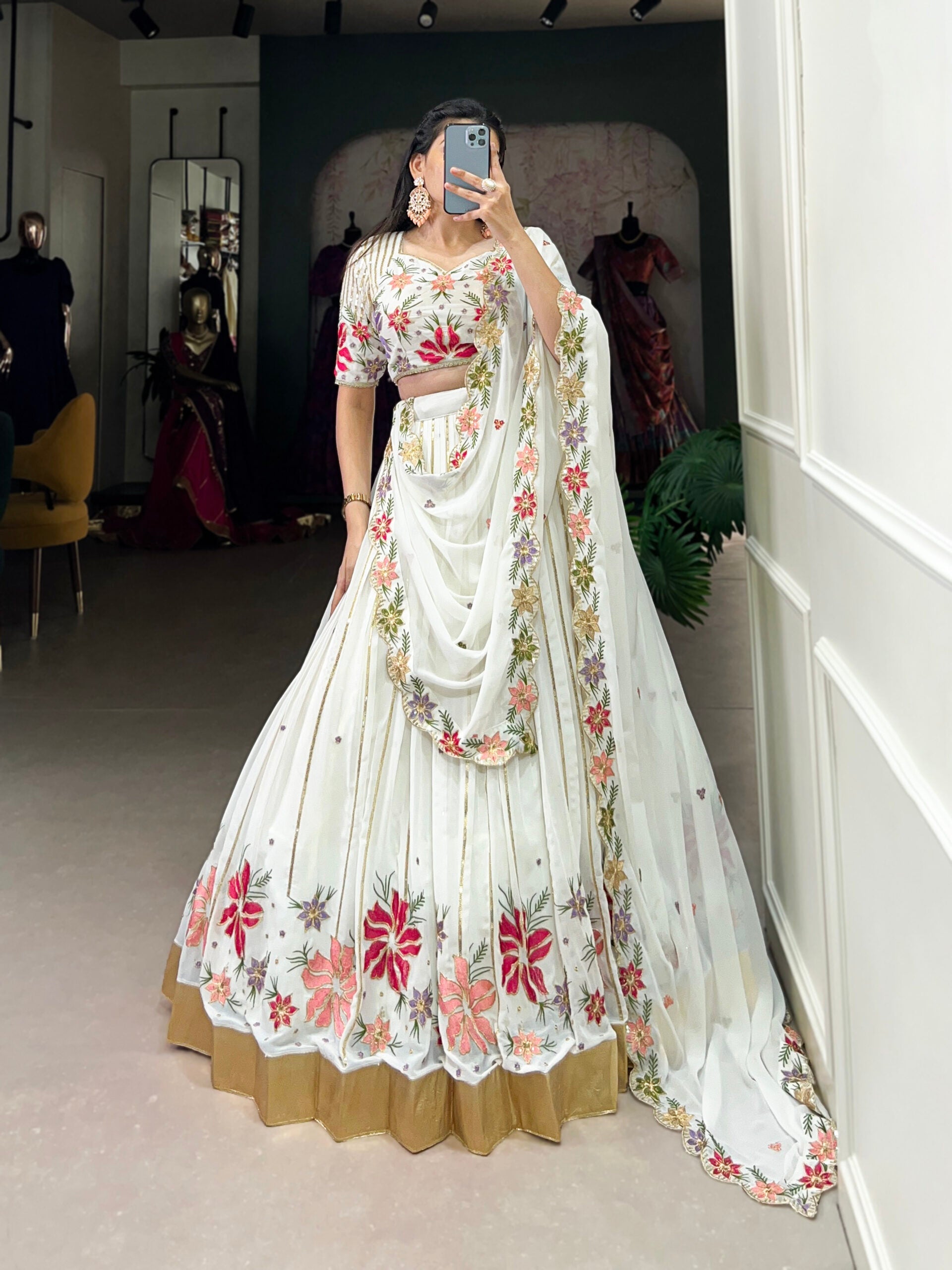 White Georgette Lehenga with Embroidery