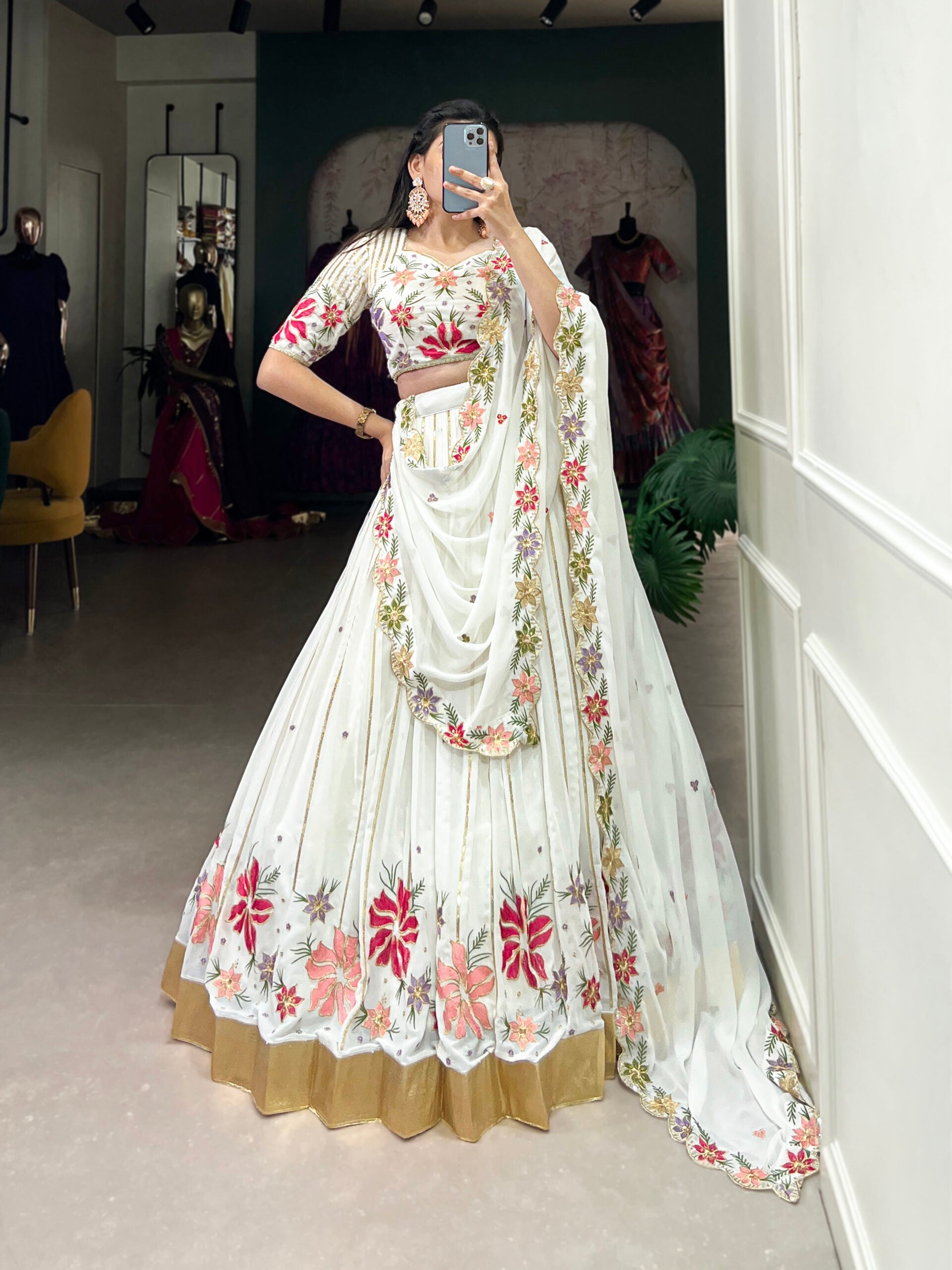 White Georgette Lehenga with Embroidery