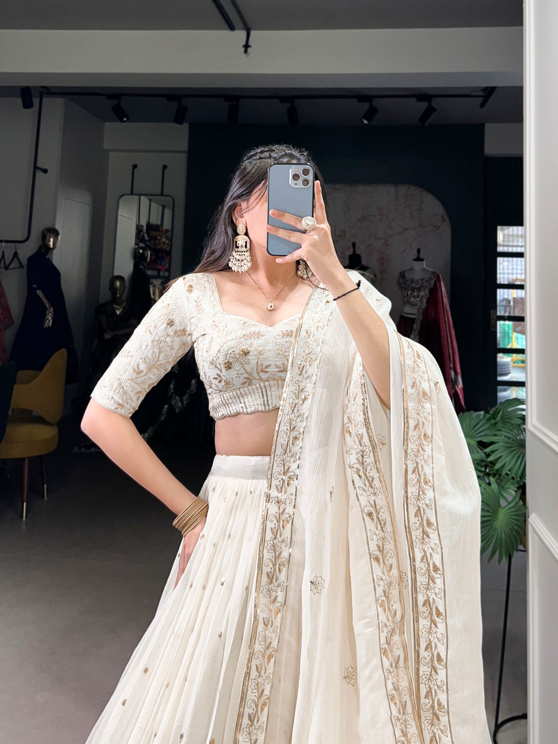 Off-White Silver Glosy Lehenga Choli