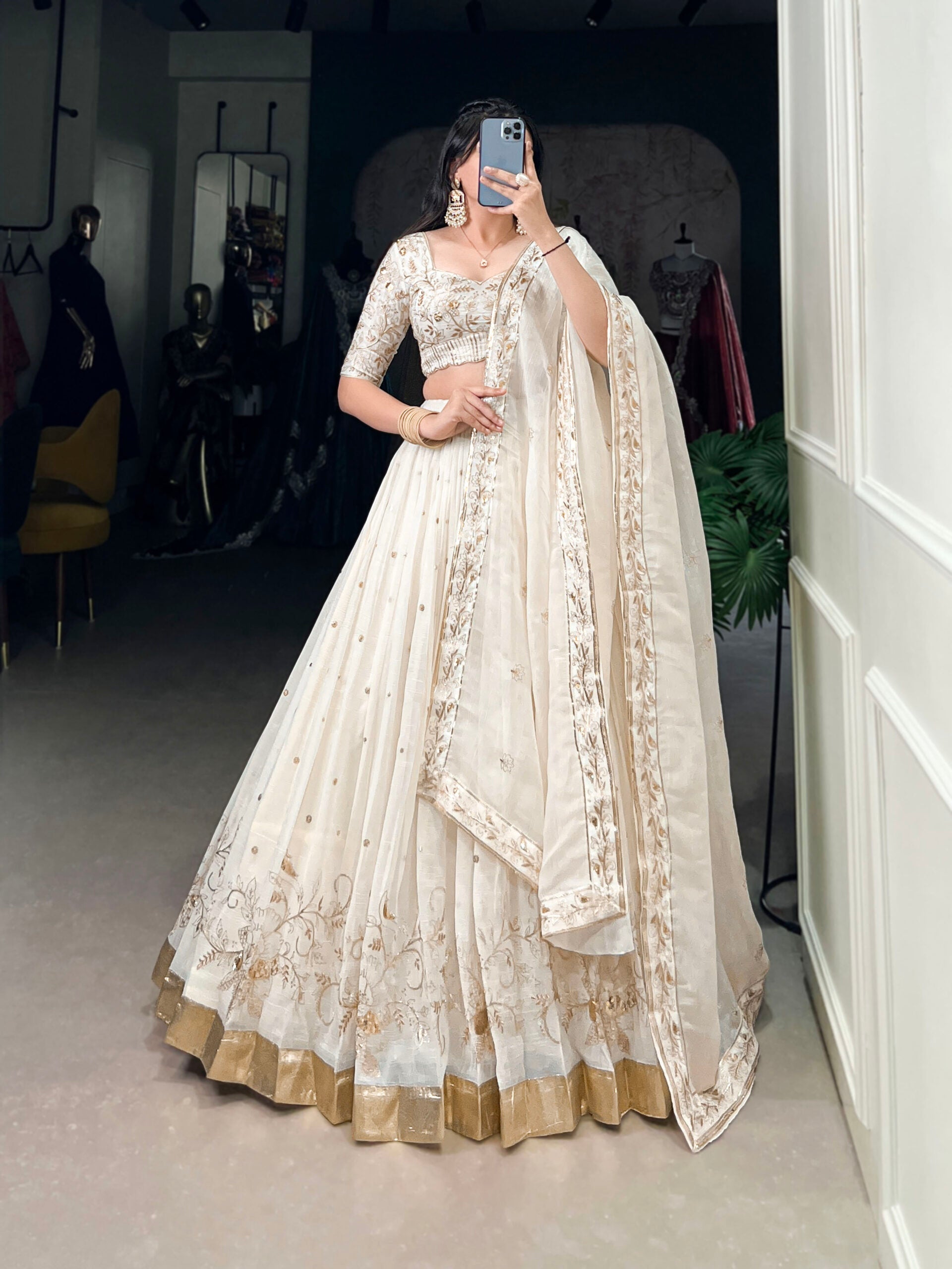 Off-White Silver Glosy Lehenga Choli