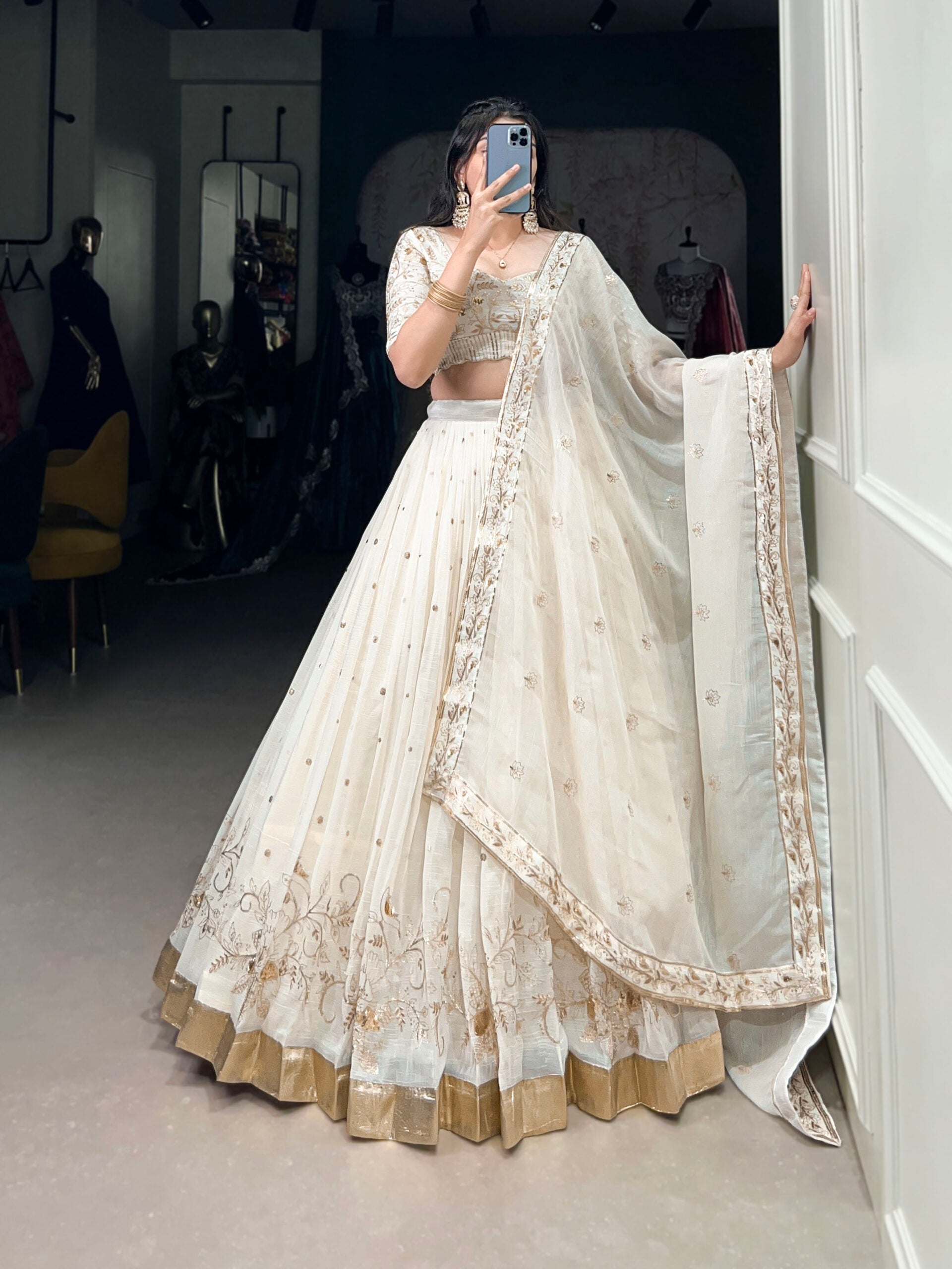 Off-White Silver Glosy Lehenga Choli