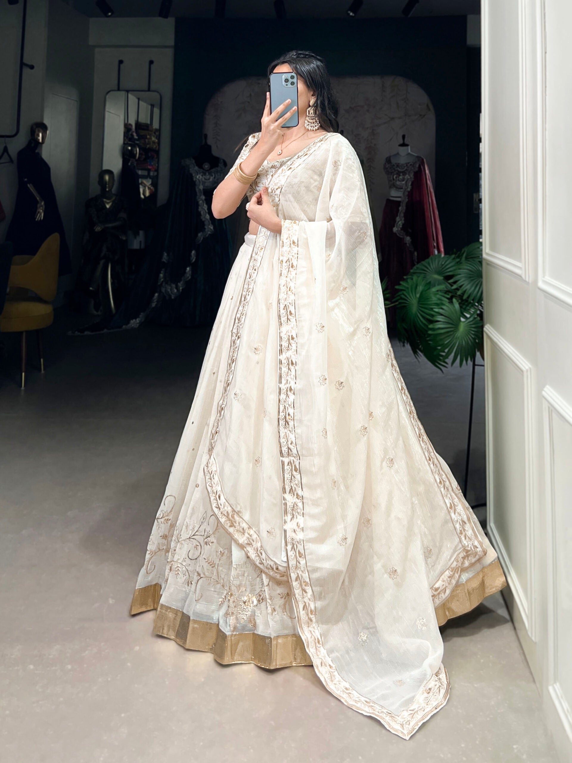 Off-White Silver Glosy Lehenga Choli