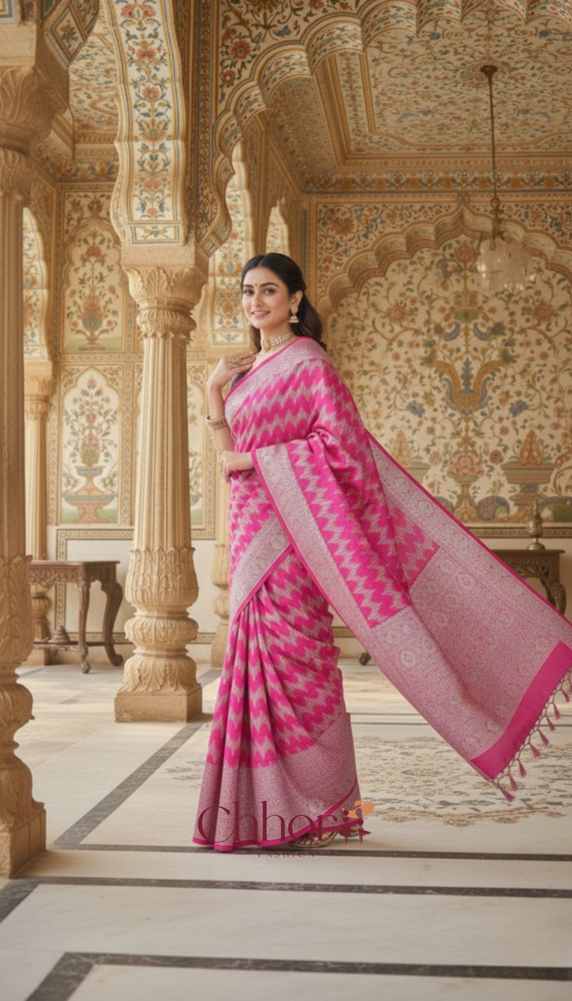 The Pink Leriya Saree: Handloom Chevron Elegance