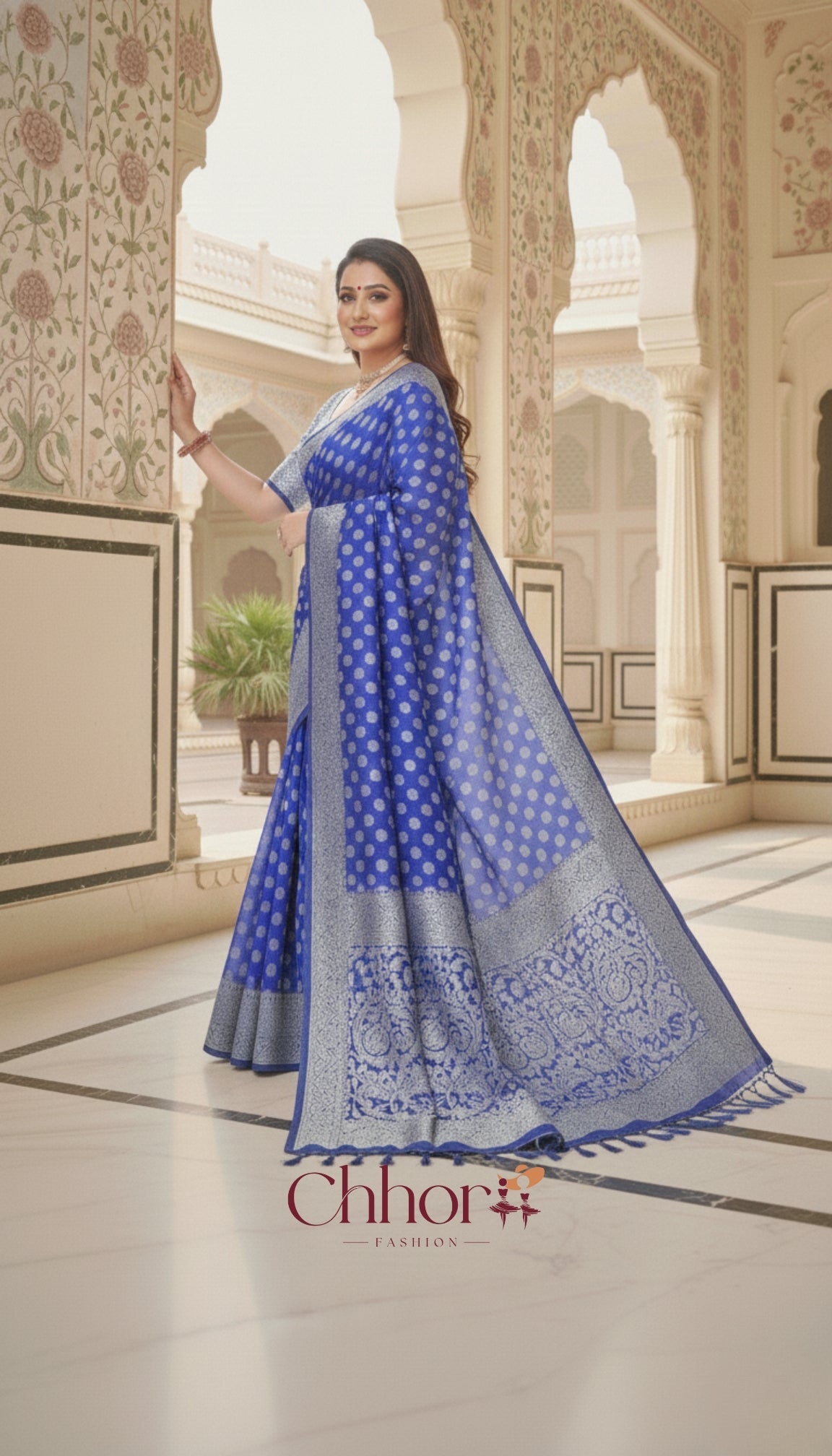 The Phulkari Saree: Brilliant Blue with Silver Banarasi Butis