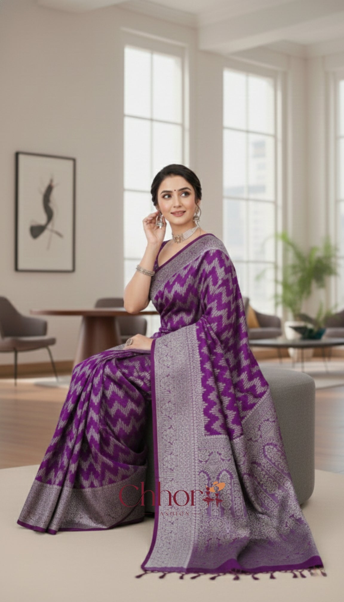 The Purple Leria Saree: Party-Ready Chevron Handloom