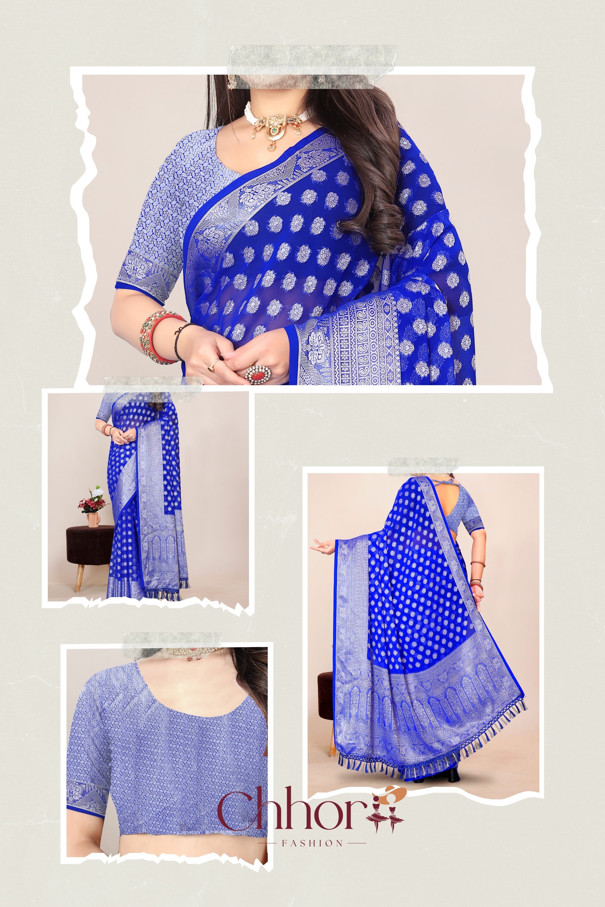 The Phulkari Saree: Brilliant Blue with Silver Banarasi Butis