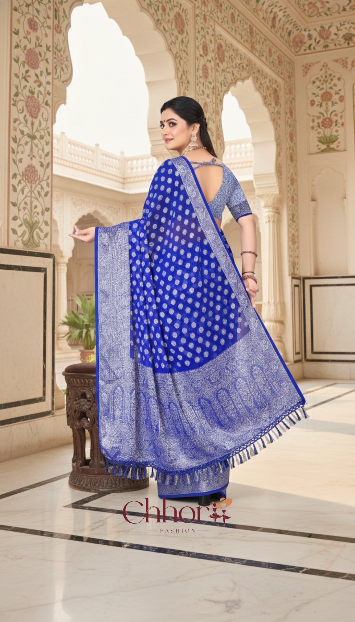The Phulkari Saree: Brilliant Blue with Silver Banarasi Butis