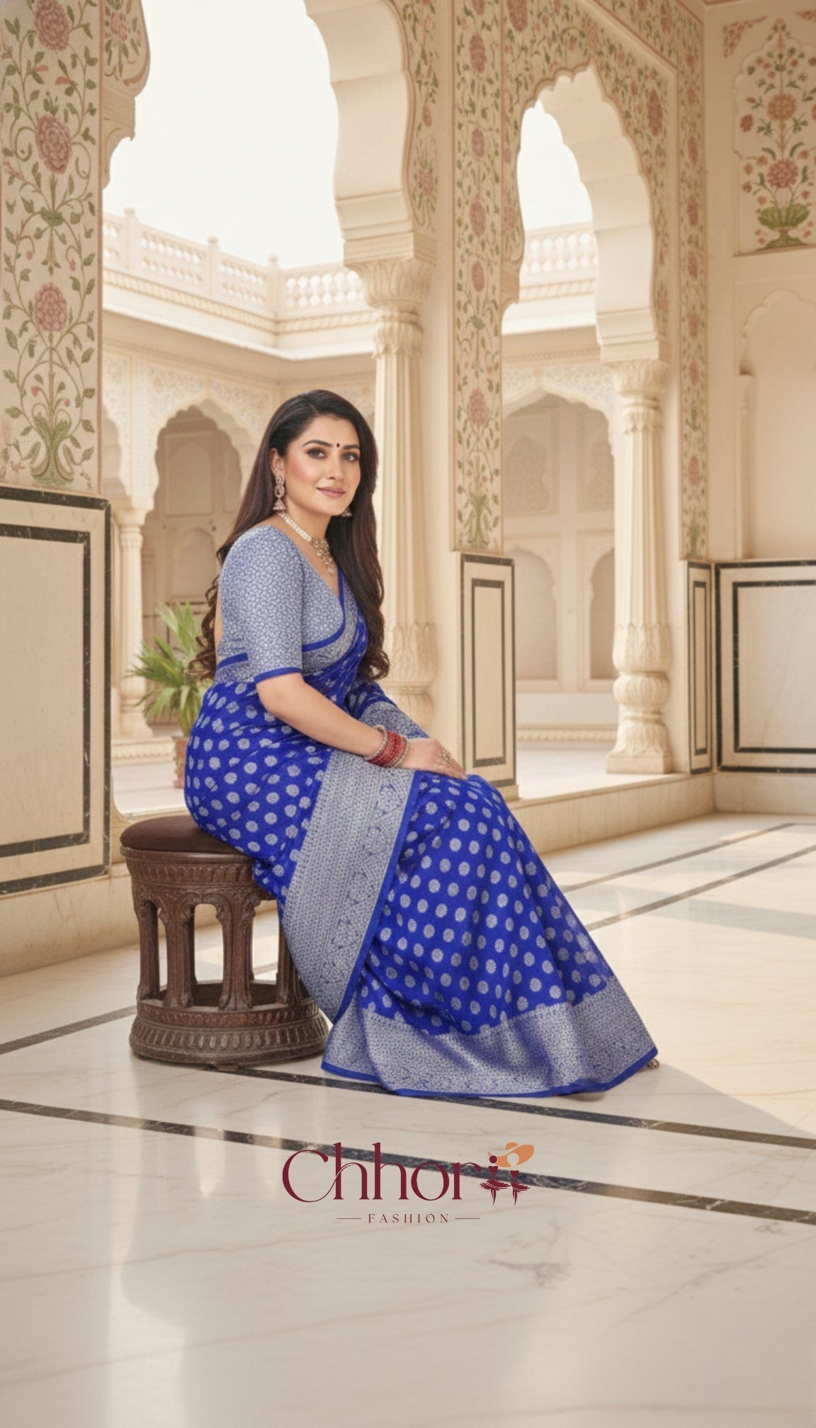 The Phulkari Saree: Brilliant Blue with Silver Banarasi Butis