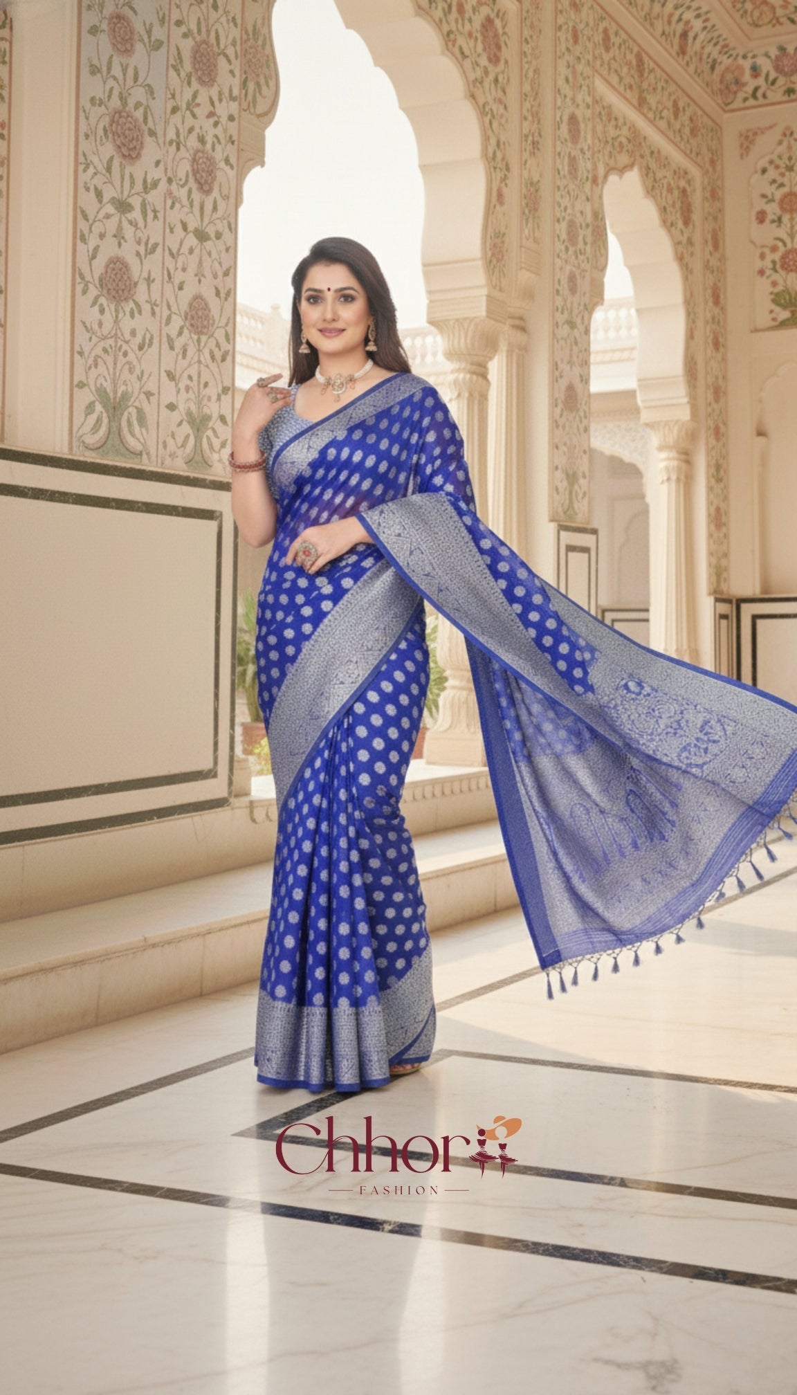 The Phulkari Saree: Brilliant Blue with Silver Banarasi Butis
