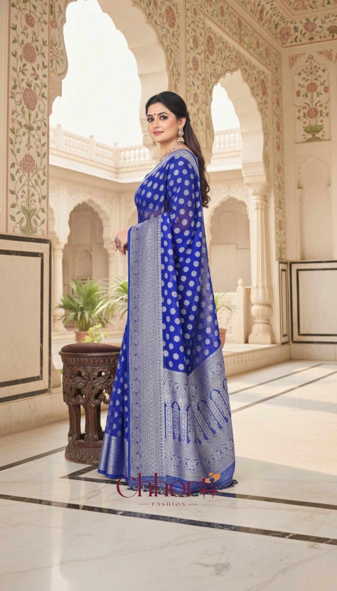 The Phulkari Saree: Brilliant Blue with Silver Banarasi Butis