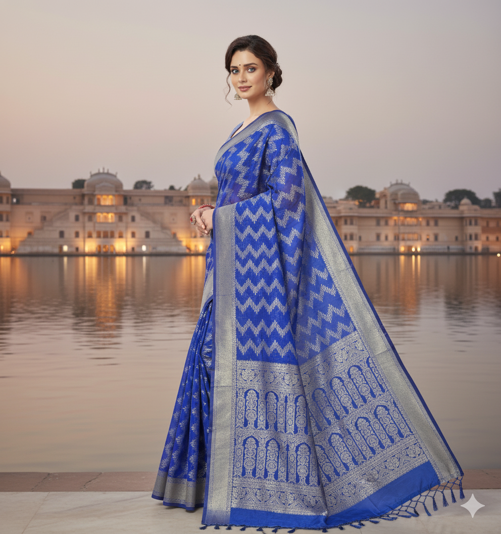 The Myra Saree: Royal Blue Georgette with Silver Zig-Zag Zari Work