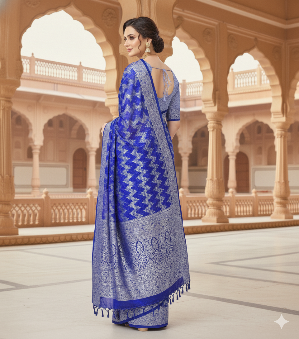 The Myra Saree: Royal Blue Georgette with Silver Zig-Zag Zari Work