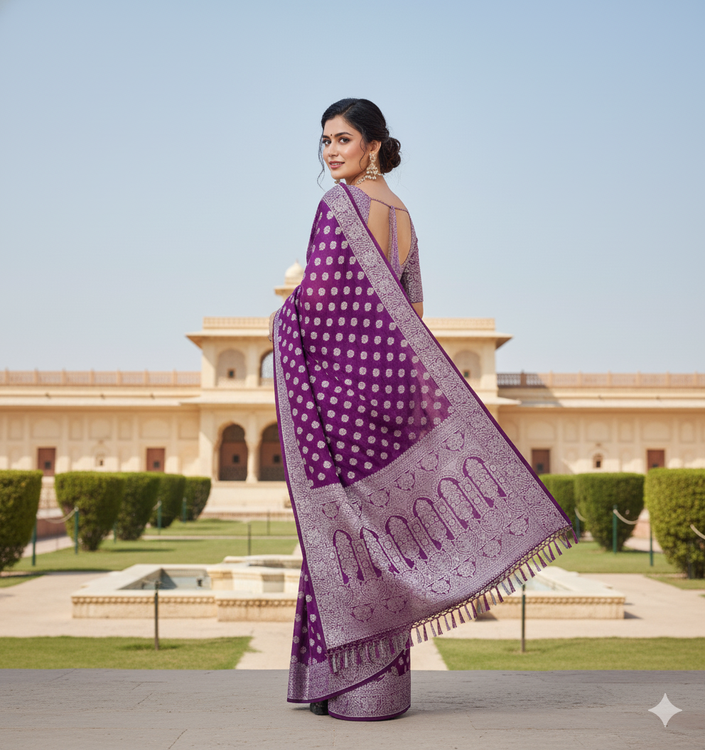 The Kaira Saree: Purple Zari Buti Georgette Saree with Jacquard Blouse
