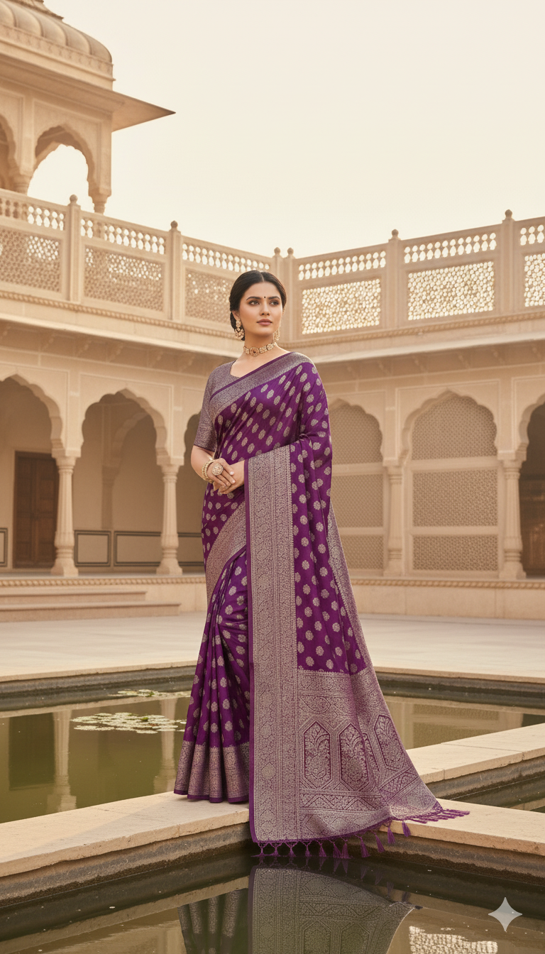 The Kaira Saree: Purple Zari Buti Georgette Saree with Jacquard Blouse