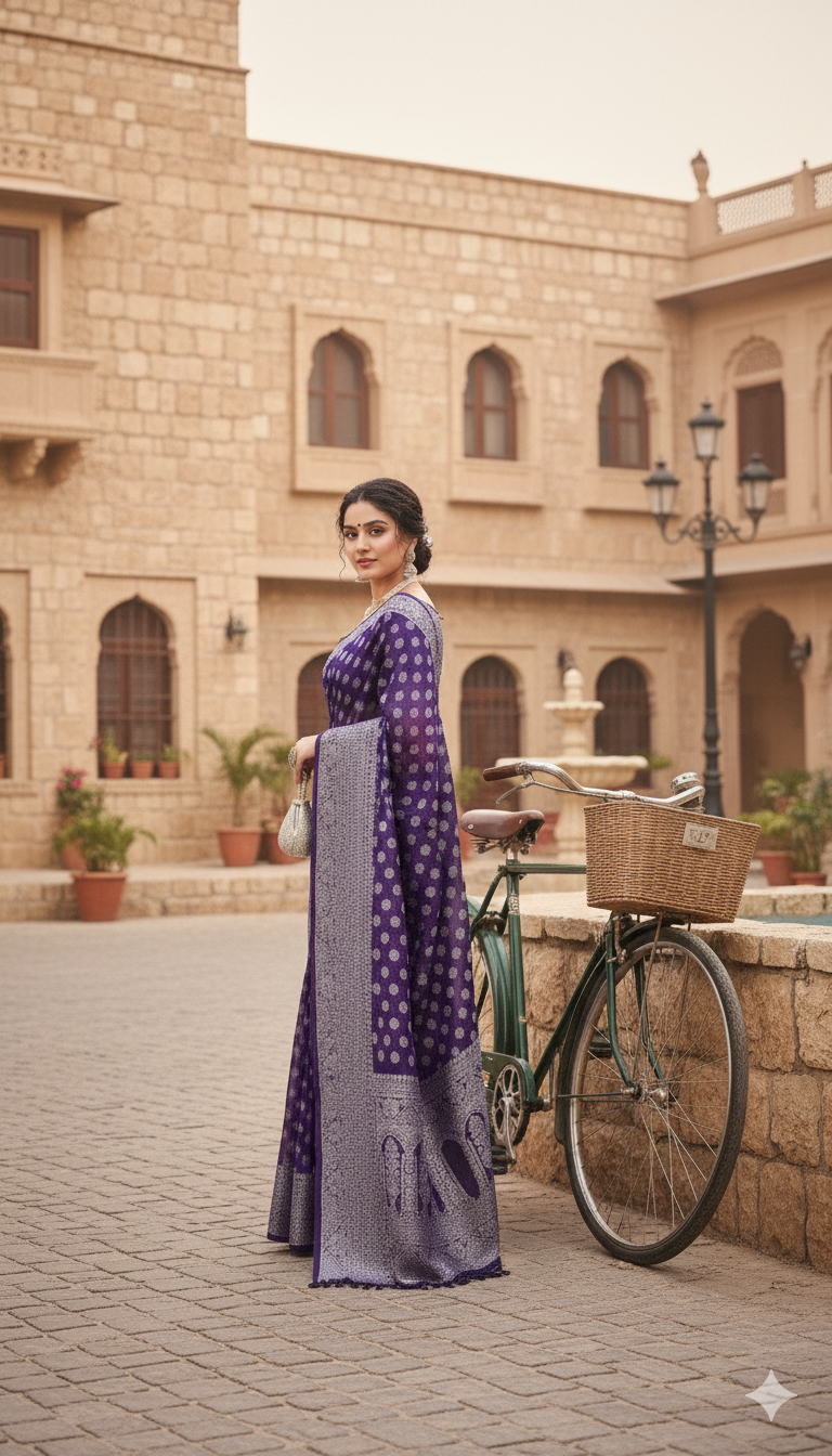 The Aarohi Saree: Violet Soft Silk Jacquard Buti Saree