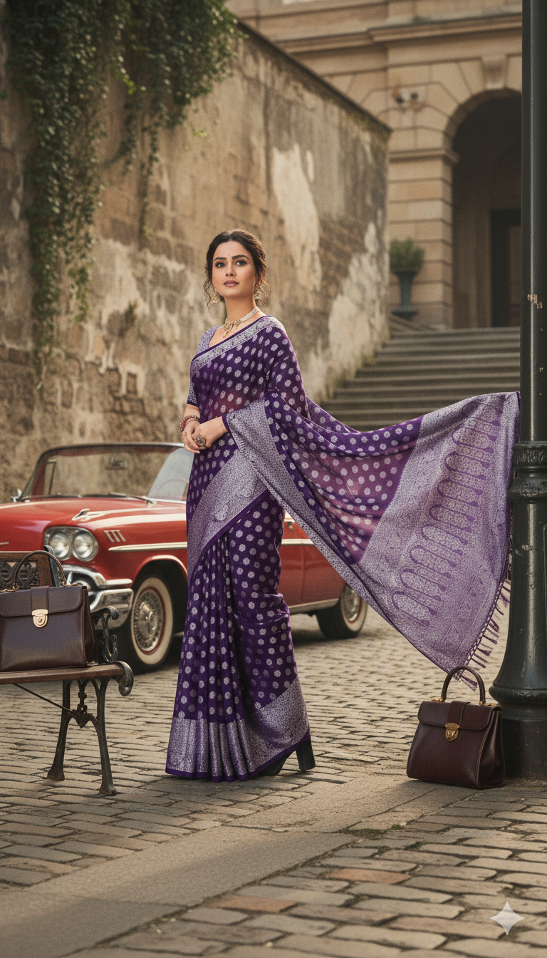 The Aarohi Saree: Violet Soft Silk Jacquard Buti Saree