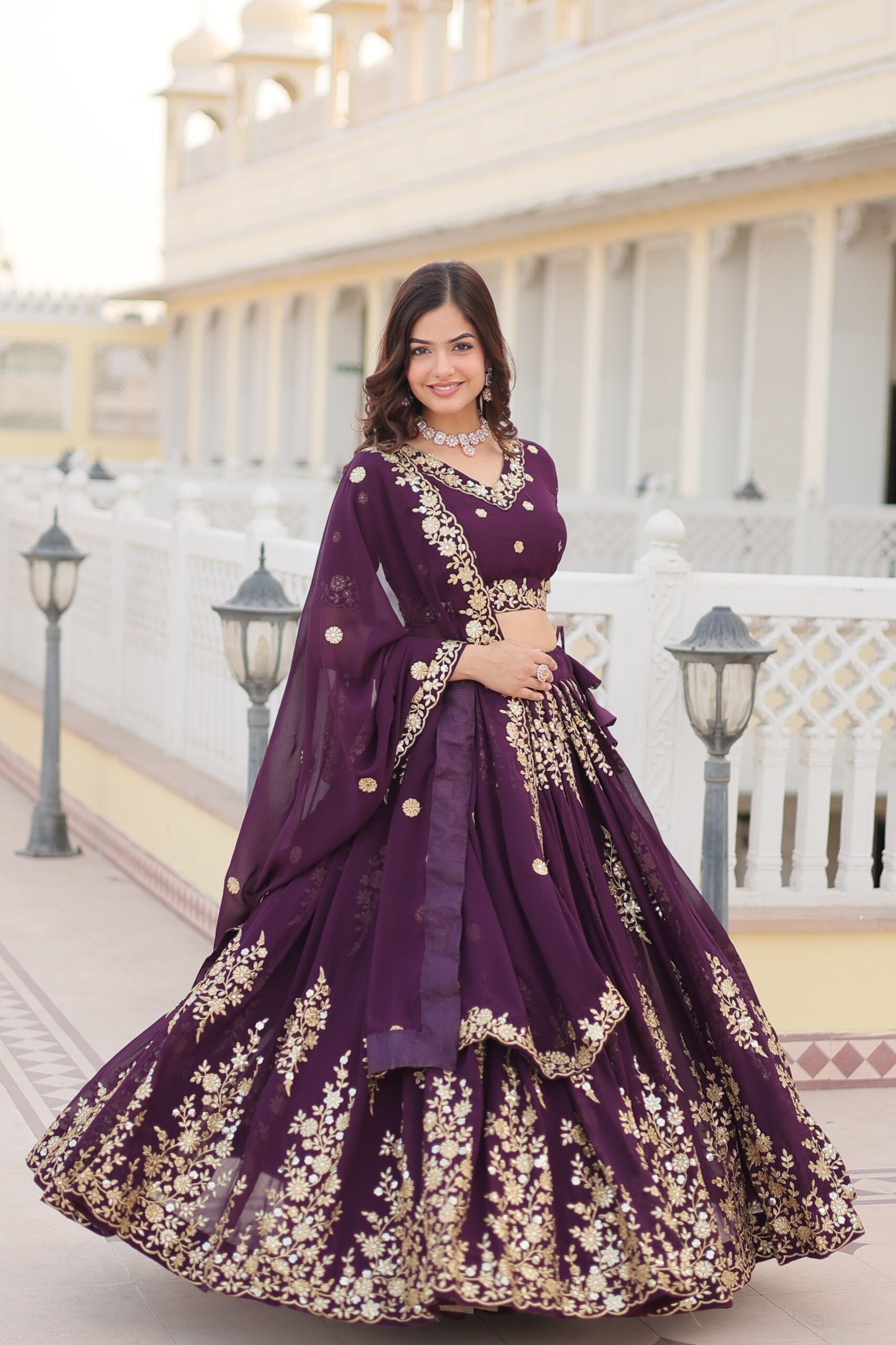 Wine Embroidered Lehenga with Dupatta