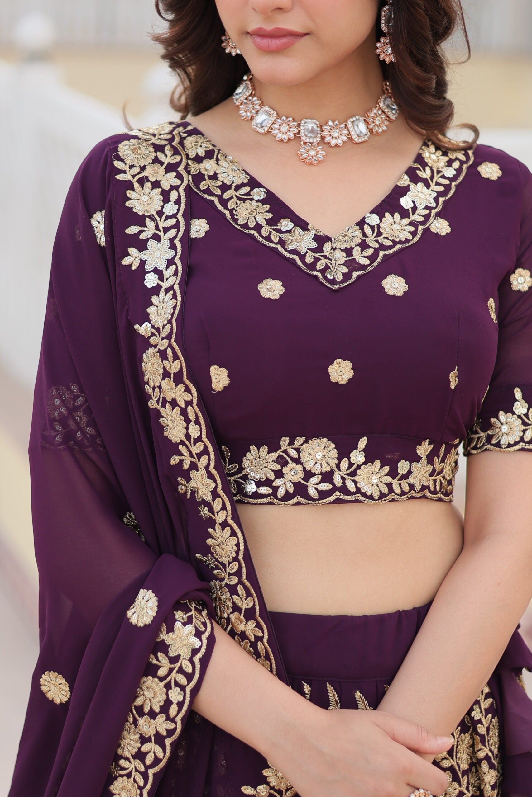 Wine Embroidered Lehenga with Dupatta