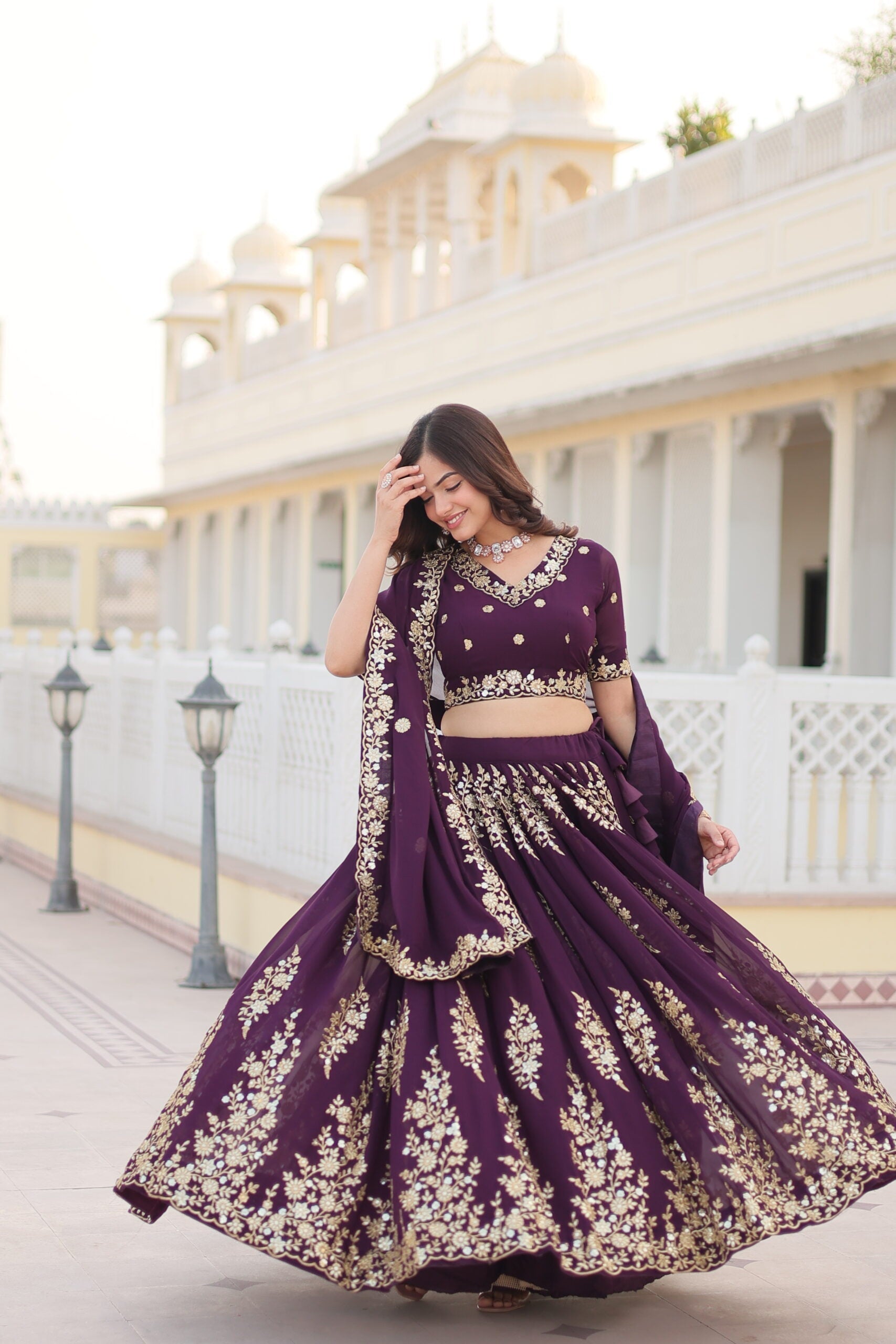 Wine Embroidered Lehenga with Dupatta