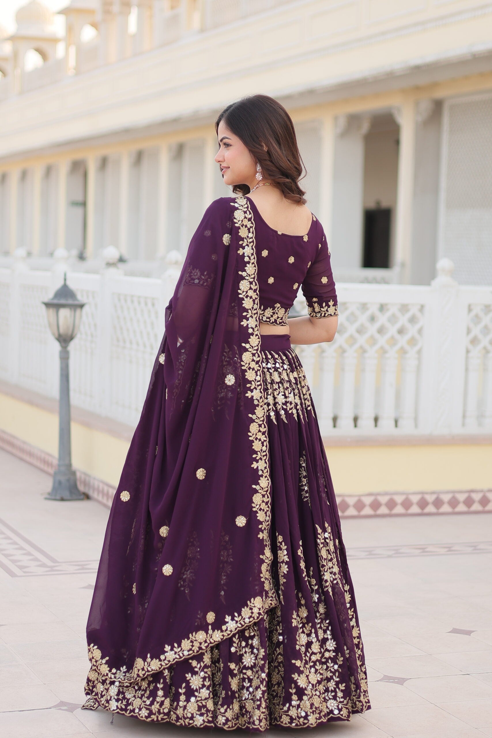Wine Embroidered Lehenga with Dupatta