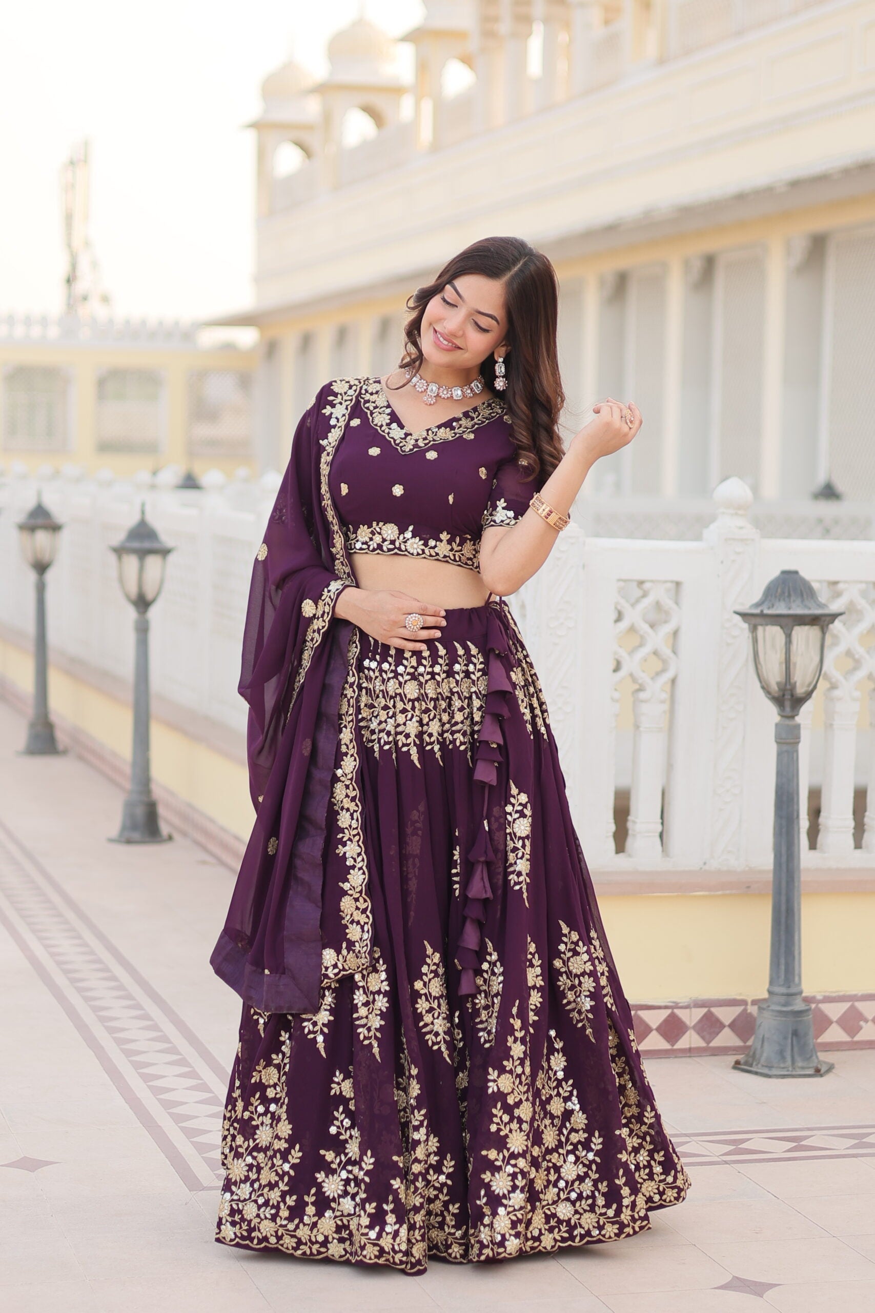 Wine Embroidered Lehenga with Dupatta