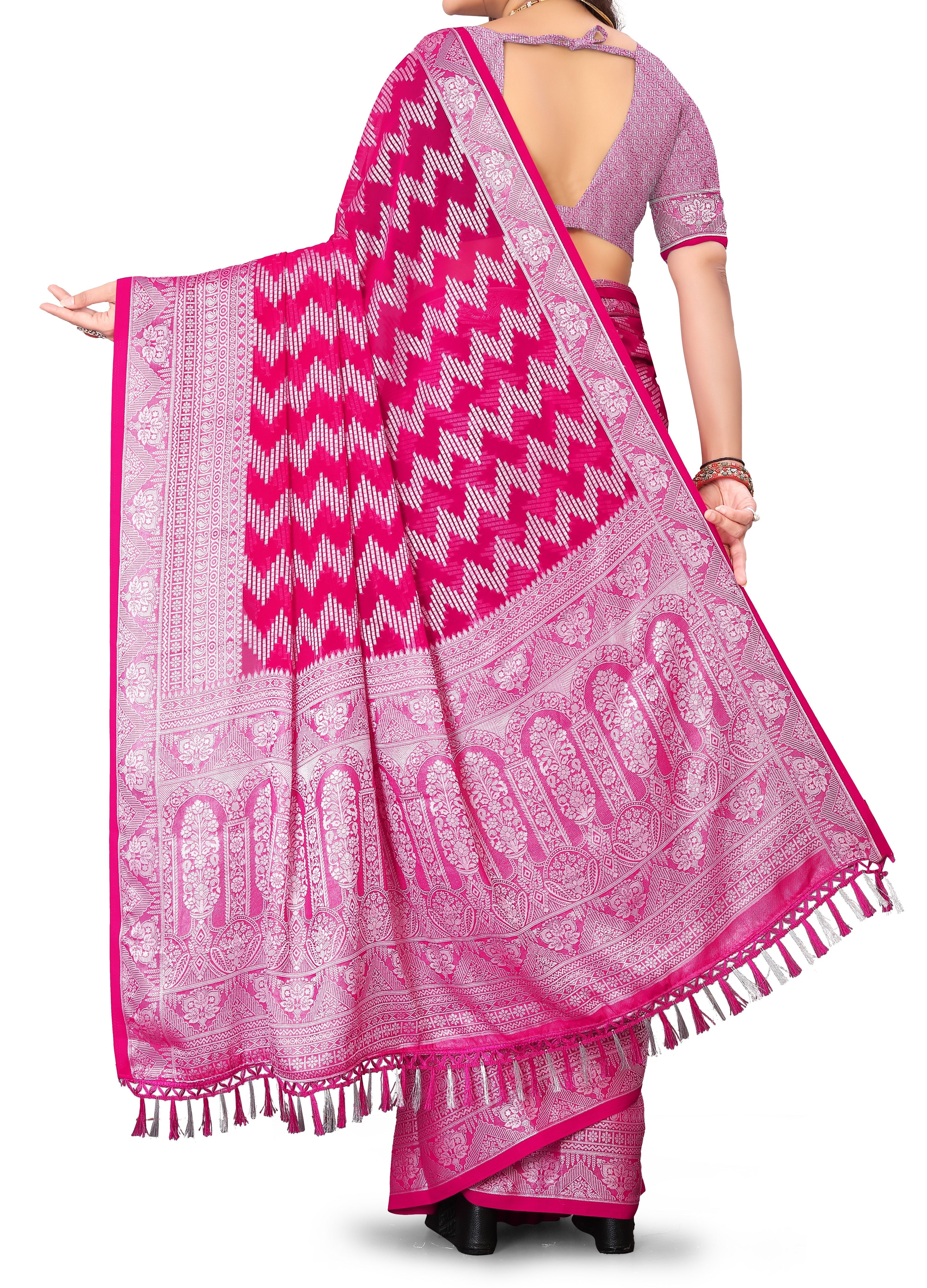 The Riya Saree: Hot Pink Georgette Saree with Silver Zari Leheriya Work