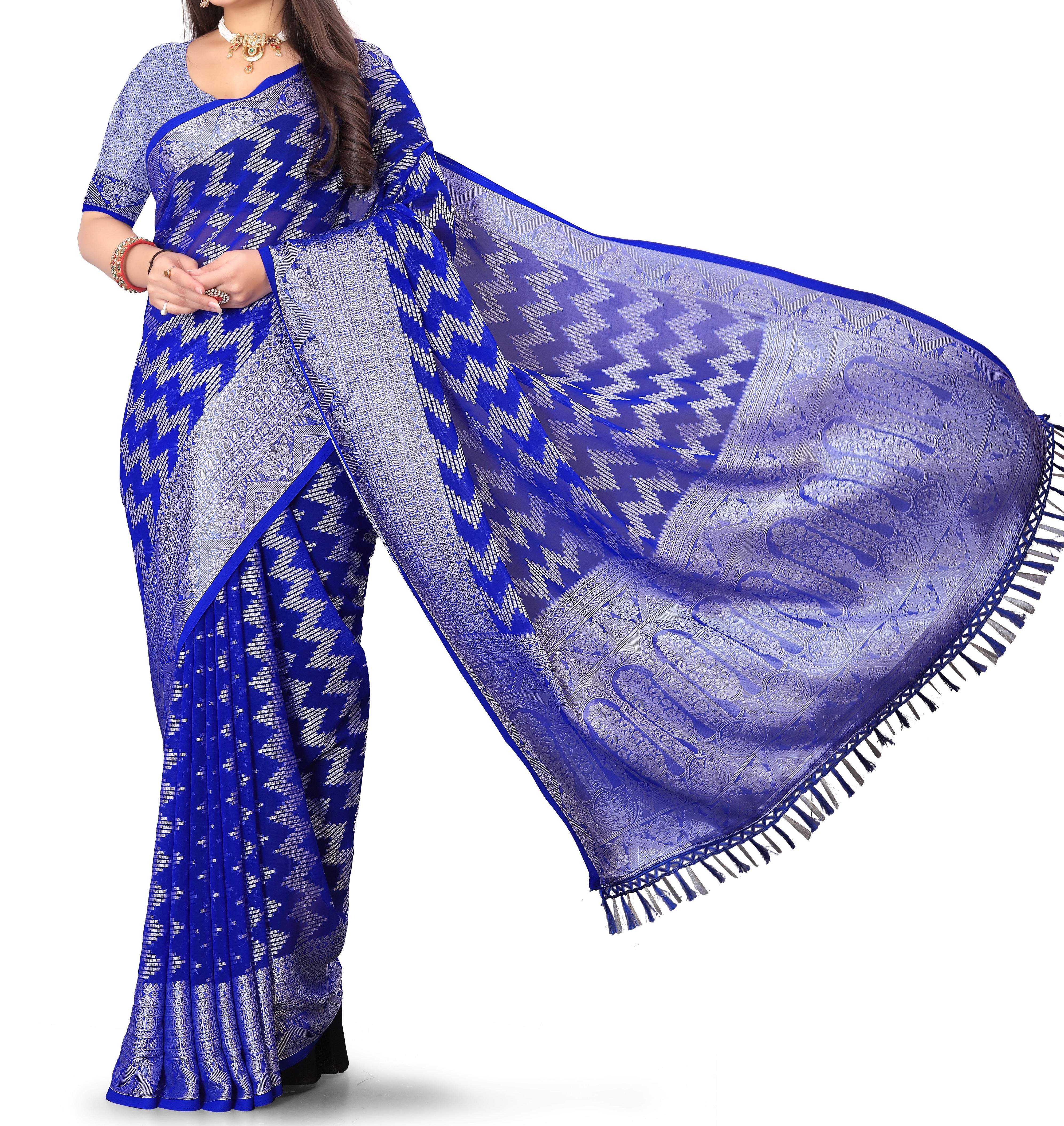 The Myra Saree: Royal Blue Georgette with Silver Zig-Zag Zari Work