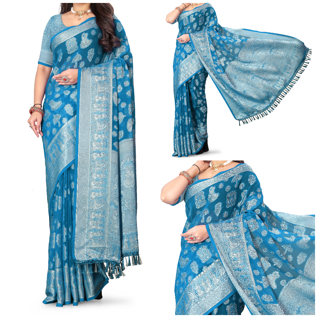 The Naina Saree: Aqua Blue Fox Georgette Doli Sajan Zari Saree